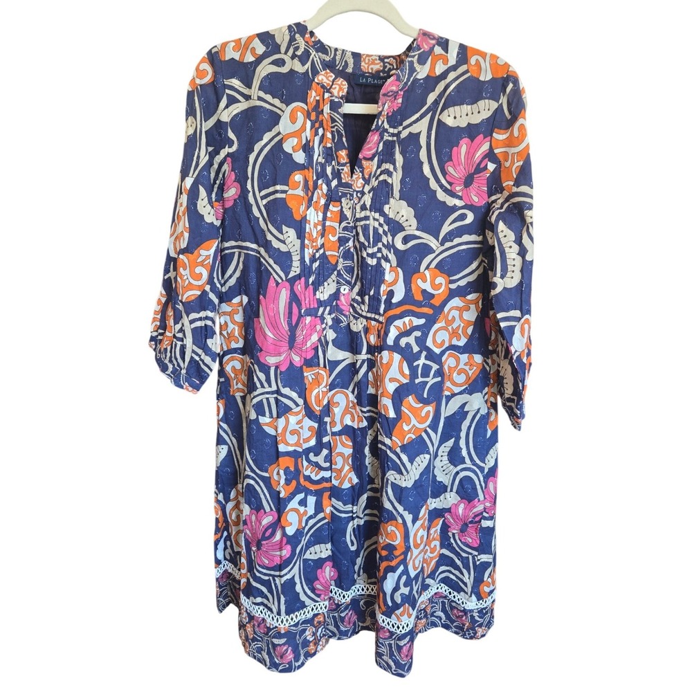 La Plage Shift Maye Dress Midi Blue Floral Cotton Coastal Boho 3/4 Sleeve Medium